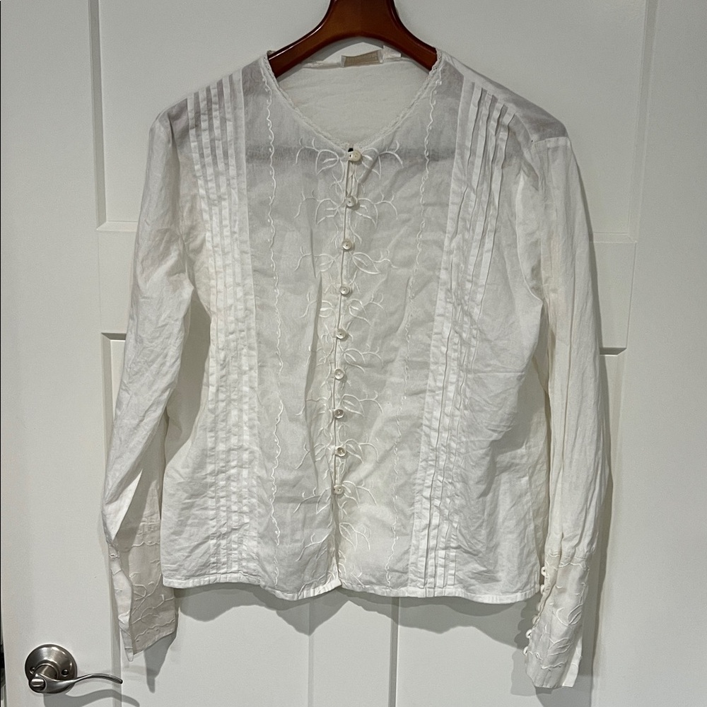 Vintage Whitewash Shear Button-Up Blouse with Embroidered Details Sz XL